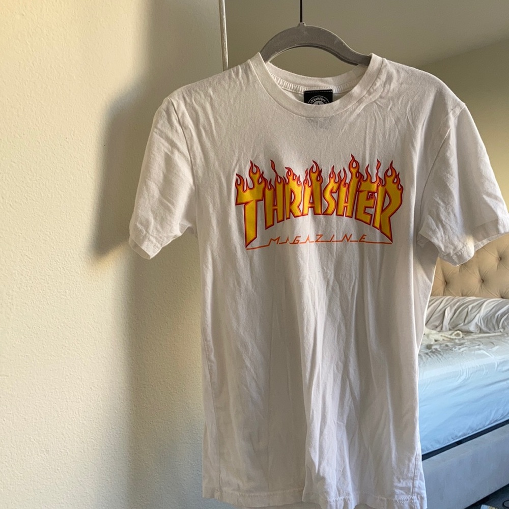 Thrasher t shirt white with orange flames